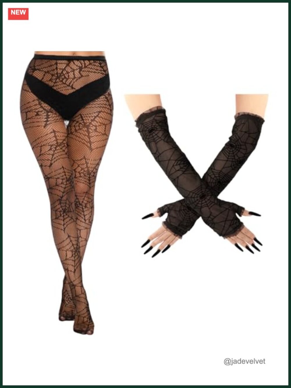 Lace Spiderweb Fingerless Gloves & Thigh High Tights Halloween Costume Set